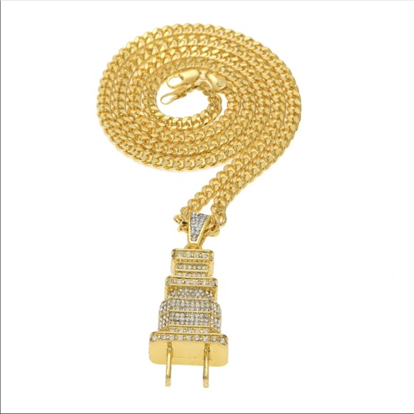 Gold Plated full iced out plug pendant necklace - Picture 2 of 2